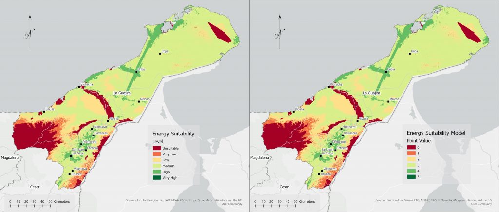 Figure 2. Two similar maps of La Guajira presenting a suitability map to implement wind energy projects for different audiences.